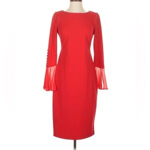 Calvin Klein Red 3/4 Sheer Bell Sleeve Shift Cocktail Dress, Sz 4, NWOT